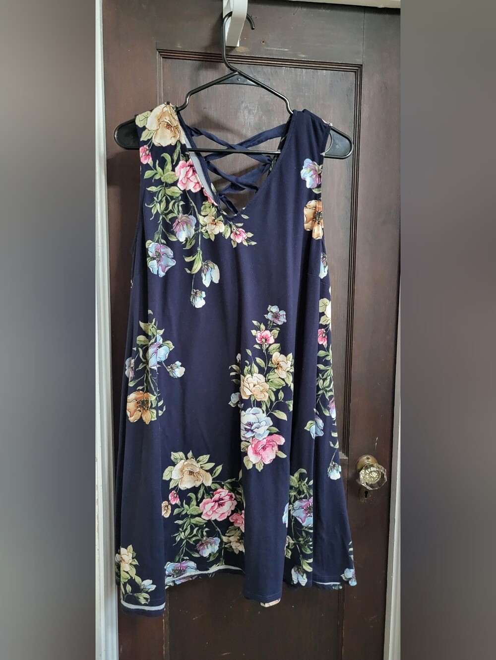 Floral Navy Sleeveless Midi Dress with Crisscross Back